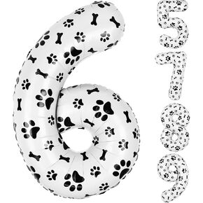 40 Inch Dog Foil Birthday Balloons,Black White Dog Paw Dog Bone Print Number 5 Balloons for Girls Boys 5th Birthday Party Decorations(Number 5)