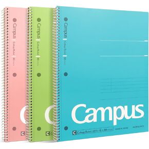 KOKUYO Campus Spiral Notebook, 10-1/2" x 8", College Ruled, 80 Sheets (160 pages), Bleed Resistant, Pack of 3 Colors - Pink, Sky Blue, Green, Made in Japan (WSG-SU-400G1×3)