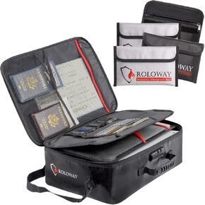 ROLOWAY Fireproof Document Bag (17 x 11.8 x 5 inch) Black with Combination Lock & Fireproof Money Bags (4-Pack)