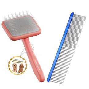 LBMBAIC DOIDLE SLICKER BURSH مع دبوس ناعم طوله 25 ملم للفراء السميكة والفراء الطويلة والكلاب ذات الحجم الكبير مع 7.5 بوصة مشط للمعادن للكلاب والقطط.