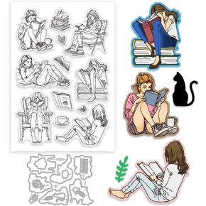 Globleland Lady Book Clear Stamp and Cutting Set for Card Making Women Reading Butterfly Silicone Clear Stamp Metal Butterfly Coffee Die Cuts for Diy Scrapbooking Photo Album