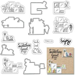 ALIBBON Book Shelves Plant Stamps and Dies for Card Making, Desk Plants Vase Flowers Transparent Silicone Rubber Stamps Seals with Metal Cutting Dies for Photo Album Decorations and DIY Scrapbooking