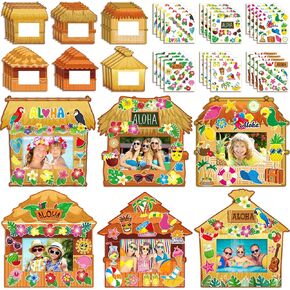Kigley 24 Pack Summer DIY Picture Frame Craft Hawaiian Craft for Kids Aloha Tiki Bar DIY Picture Frame with Stickers