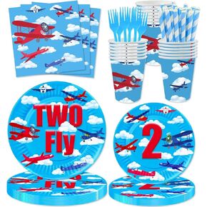120 Pcs Airplane 2nd Birthday Party Supplies Two Fly Birthday Party Decoration Includes Paper Plates Cups Napkins Straws Forks Tableware for Aviation Theme Boys Two Years Old Birthday Decor Favors