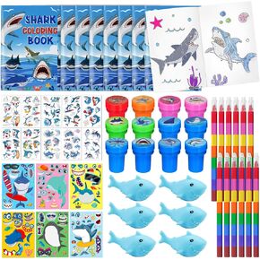 Cinrobiye 72 PCS Shark Toddler Party Party Favors Bulk ، كتب تلوين أسماك القرش مع ملصقات الوشم تلوين ملصقات ، حشو حيوانات Ocean Animals Goodie ، مجموعة حرفية أعياد الميلاد.
