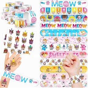 48PCS Cat Party Favors - 24pcs الوشم و 24pcs أساور صفعة - لوازم أعياد الميلاد ذات الطابع اللطيف ، والزخارف اللطيفة ، وجوائز الفصول الدراسية ، والهدايا للبنين والبنات