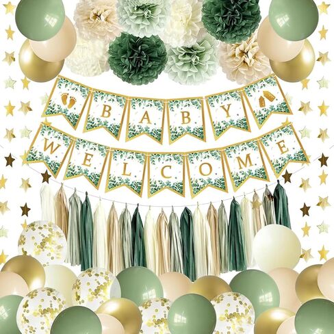 Sage Green Baby Shower Decorations, Neutral Baby Shower Decor, Welcome Baby Banner-with Paper Pompoms, Tassel Garland, Star Garland, Balloons for Baby Gender Reveal Birthday Party Decorations in Saudi Arabia