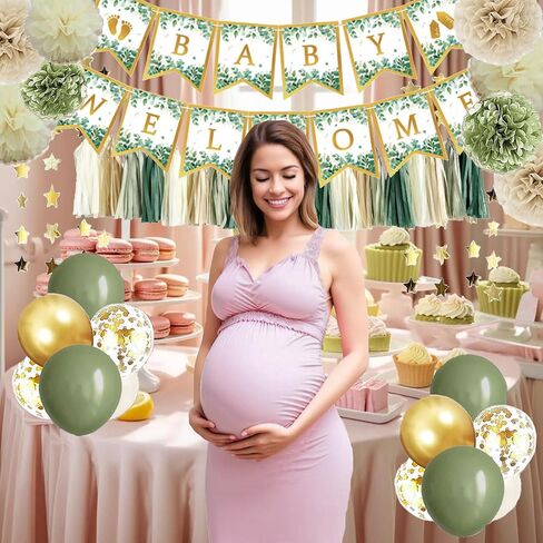 Sage Green Baby Shower Decorations, Neutral Baby Shower Decor, Welcome Baby Banner-with Paper Pompoms, Tassel Garland, Star Garland, Balloons for Baby Gender Reveal Birthday Party Decorations in Saudi Arabia