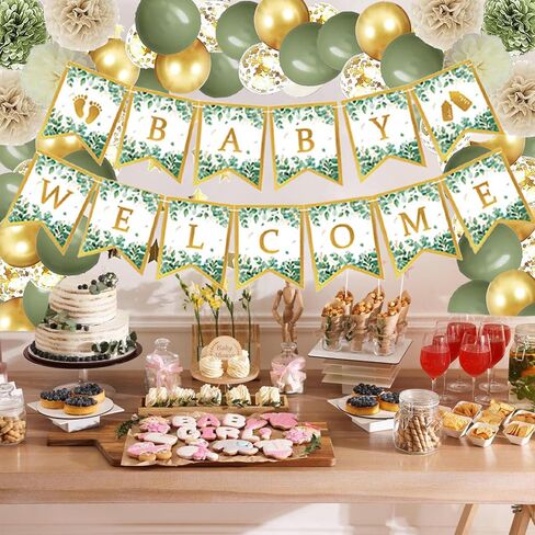 Sage Green Baby Shower Decorations, Neutral Baby Shower Decor, Welcome Baby Banner-with Paper Pompoms, Tassel Garland, Star Garland, Balloons for Baby Gender Reveal Birthday Party Decorations in Saudi Arabia