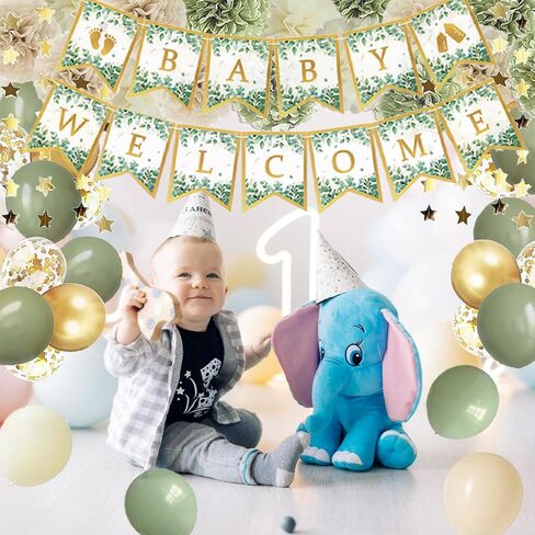 Sage Green Baby Shower Decorations, Neutral Baby Shower Decor, Welcome Baby Banner-with Paper Pompoms, Tassel Garland, Star Garland, Balloons for Baby Gender Reveal Birthday Party Decorations in Saudi Arabia