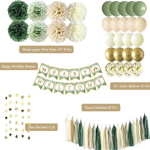 Sage Green Baby Shower Decorations, Neutral Baby Shower Decor, Welcome Baby Banner-with Paper Pompoms, Tassel Garland, Star Garland, Balloons for Baby Gender Reveal Birthday Party Decorations in Saudi Arabia