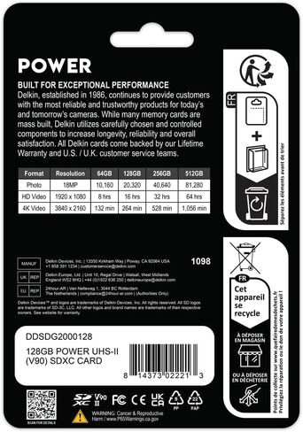 بطاقة ذاكرة Delkin Devices Power سعة 128 جيجابايت SDXC UHS-II - قراءة بسرعة 300 ميجابايت/ثانية، وكتابة 250 ميجابايت/ثانية | مثالي لفيديو 8K و4K وHDR و360 | بطاقة SD عالية الأداء للكاميرات in Kuwait