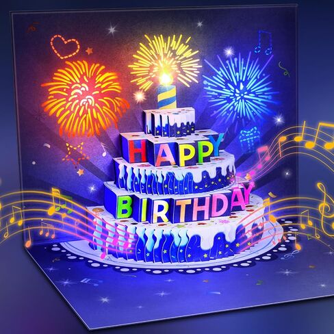 DIY Age Birthday Cards, 3D Pop-Up Firework Birthday Cards with Music & LED Lights, Happy Birthday Gifts for Mom, Women, Men, Kids, Dad, Father, Wife in Kuwait