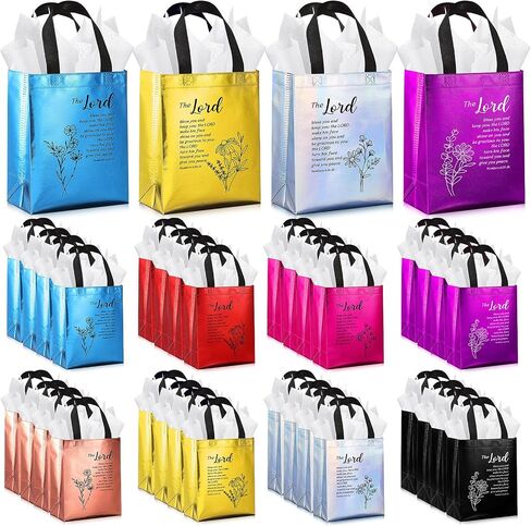 Sweetude 25 Set Christian Gift Bags with Tissue Paper,Church Welcome Gift Bags for Mothers Day,Flower Bible Verse Non Woven Tote with Handles for Sunday School,First Communion,VBS,Pentecost in Saudi Arabia