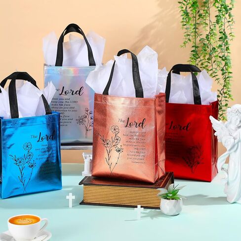 Sweetude 25 Set Christian Gift Bags with Tissue Paper,Church Welcome Gift Bags for Mothers Day,Flower Bible Verse Non Woven Tote with Handles for Sunday School,First Communion,VBS,Pentecost in Saudi Arabia