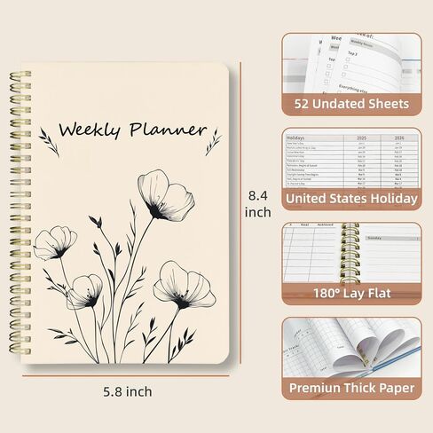 Weekly Planner Undated - 52 Weeks To Do List Notebook A5 for Work: Weekly Task, Habit Tracker Journal, Goal Setting, Agenda Sprial Bound Organizer Book Women Cute Stylish Design, Floral in Saudi Arabia