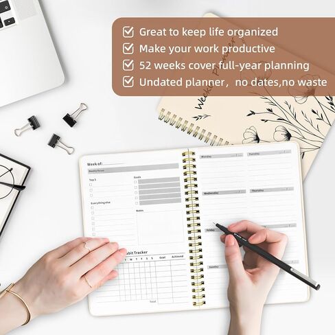 Weekly Planner Undated - 52 Weeks To Do List Notebook A5 for Work: Weekly Task, Habit Tracker Journal, Goal Setting, Agenda Sprial Bound Organizer Book Women Cute Stylish Design, Floral in Saudi Arabia