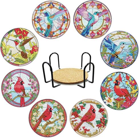 8Pcs Diamond Art Coasters Kits with Holder Non Slip Coaster, 5D Hummingbird&Cardinal Diamond Art Painting Coasters Kit, DIY Adult Paint by Number Craft Supplies Gift in Saudi Arabia