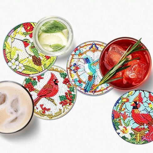 8Pcs Diamond Art Coasters Kits with Holder Non Slip Coaster, 5D Hummingbird&Cardinal Diamond Art Painting Coasters Kit, DIY Adult Paint by Number Craft Supplies Gift in Saudi Arabia