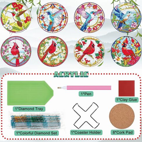 8Pcs Diamond Art Coasters Kits with Holder Non Slip Coaster, 5D Hummingbird&Cardinal Diamond Art Painting Coasters Kit, DIY Adult Paint by Number Craft Supplies Gift in Saudi Arabia