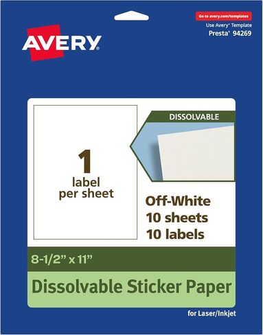 Avery Dissolvable Rectangle Sticker Paper, 8.5" x 11", Matte White, Compatible with Laser & Inkjet Printers, 10 Labels Total, Freezer-Safe, Microwave-Safe, Refrigerator-Safe in Saudi Arabia