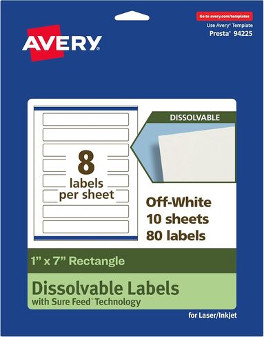 Avery Dissolvable Rectangle Labels with Sure Feed Technology, 1" x 7", Matte White, Print-to-The-Edge, Compatible with Laser & Inkjet Printers, 40 Labels Total in Saudi Arabia