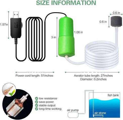 مضخة هواء Mini Aquarium ، مضخة هواء USB مقابل 5 جالون ، زخارف حوض السمك القابلة للتعديل ، تشمل مهواة Aerator in Kuwait