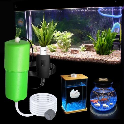 مضخة هواء Mini Aquarium ، مضخة هواء USB مقابل 5 جالون ، زخارف حوض السمك القابلة للتعديل ، تشمل مهواة Aerator in Kuwait