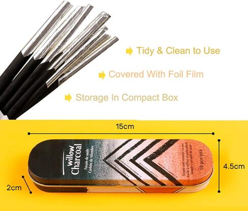 Artist Charcoal Stick Willow Vine Charcoal Pencil Soft Black Sketch Charcoal Art Supplier for Drawing, 4 Sizes, Pack of 10 in Saudi Arabia