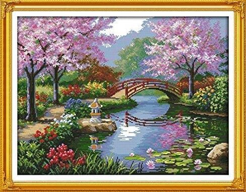 Happy Forever Cross Stitch Kits 11CT Stamped Patterns for Kids and Adults, Preprinted Embroidery kit for Beginner, Spring Scenery (F410 Beautiful Scenery of Park, Size 24''x19'') in Kuwait