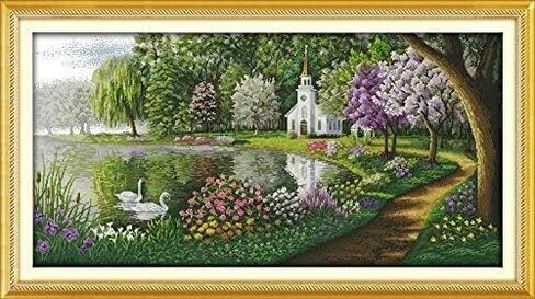 Happy Forever Cross Stitch Kits 11CT Stamped Patterns for Kids and Adults, Preprinted Embroidery kit for Beginner, Spring Scenery (F410 Beautiful Scenery of Park, Size 24''x19'') in Kuwait