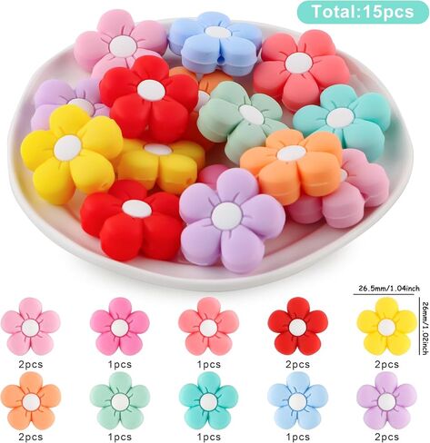 15pcs 26mm Flower Silicone Focal Beads for Pens, Daisy Shaped Silicone Beads for Keychain Making DIY Craft（Multicolor） in Kuwait
