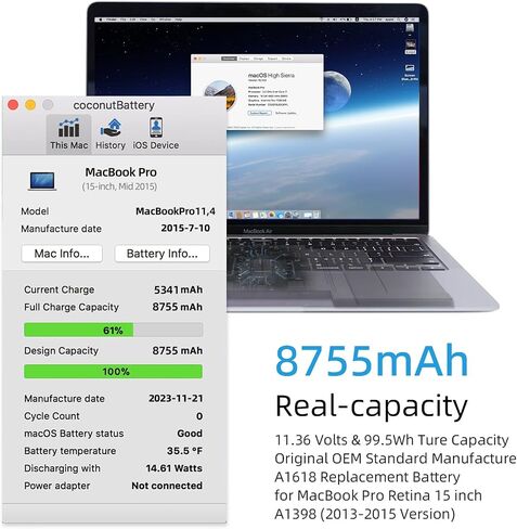 استبدال بطارية A1398، بطارية A1417 لجهاز MacBook Pro 15 بوصة أوائل عام 2013 منتصف عام 2012، إصدار Mac A1398 EMC 2673 2512 معرف الطراز: MacBookPro10,1 السعة 10.95 فولت 95 وات في الساعة 8460 مللي أمبير في الساعة in Saudi Arabia