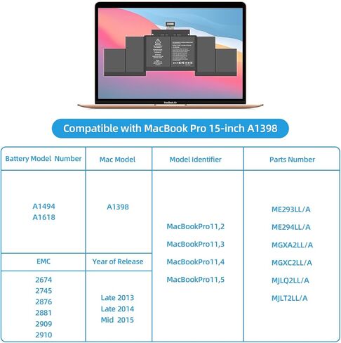 استبدال بطارية A1398، بطارية A1417 لجهاز MacBook Pro 15 بوصة أوائل عام 2013 منتصف عام 2012، إصدار Mac A1398 EMC 2673 2512 معرف الطراز: MacBookPro10,1 السعة 10.95 فولت 95 وات في الساعة 8460 مللي أمبير في الساعة in Saudi Arabia