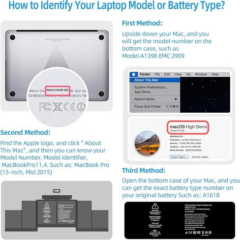 استبدال بطارية A1398، بطارية A1417 لجهاز MacBook Pro 15 بوصة أوائل عام 2013 منتصف عام 2012، إصدار Mac A1398 EMC 2673 2512 معرف الطراز: MacBookPro10,1 السعة 10.95 فولت 95 وات في الساعة 8460 مللي أمبير في الساعة in Saudi Arabia