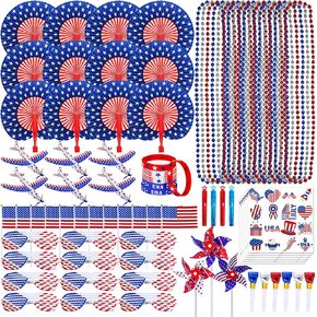 Bulk Patriotic Red White Blue Toy Assortments Patriotic Shutter Glasses Folding Hand Fans Temporary Tattoos Beaded Necklaces Pinwheels Gliders for 4th of July Party Favor Supplies Parades Giveaways