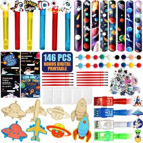 146 Pc Space Party Favors - Set of 12 Outer Space Wood Painting Craft Wristband LED Finger Lights Bubbel Astronaut Cards - Perfect Space Themed Party Favors & Classroom Prizes for Kids