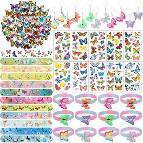 96 Pcs Butterfly Party Favors for Girls Fairy Birthday Party Supplies with Butterfly Silicone Bracelets, Slap Wristbands, Keychains, Tattoos Stickers and Stickers for Kids Decoration Gifts