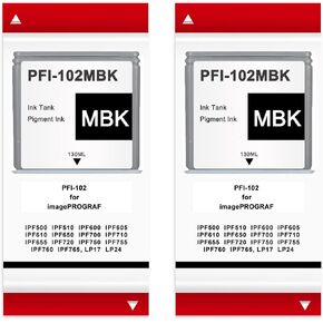 PFI-102 2 Pack 130ml Matte Black Ink Tank Cartridges Compatible for Canon PFI102 PFI-102MBK for IPF500 IPF510 IPF600 IPF605 IPF610 IPF650 IPF700 IPF710 IPF655 IPF720 IPF750 IPF755 IPF765 LP24 Printer