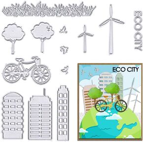 ABTOLS Metal City House Cutting Dies, Tree Bird Bike Die Cuts Embossing Grass Words Dies Template Mould for Card Scrapbooking and DIY Craft Album Paper Card Decor