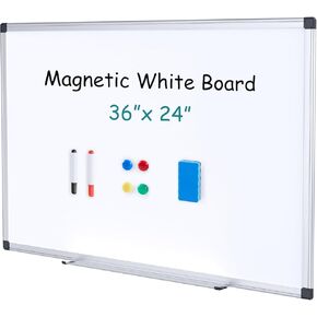 OLIXIS Magnetic White Board, Dry Erase Board for Wall 36" x 24", Hanging Mounted Whiteboard with 1 Dry Eraser & 2 Multicolor Markers & 4 Magnetic Pins, Silver Aluminium Frame for Home, School, Office