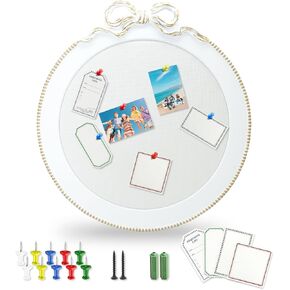 Round Vintage Cork Bulletin Board 25×23 Inch White Linen Farmhouse Decorative Girls Vision Board Bow Frame Corks Boards for Office Decor, Living Room or bedrooms Walls