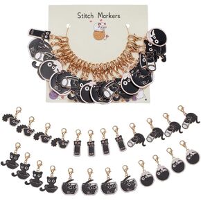 PLIGREAT 24 Pcs Funny Black Cat Charm Stitch Marker Set Cute Pendants Crochet Stitch Marker for Weaving Sewing Locking Knitting Markers Quilting Tools Women DIY Craft Making Accessories