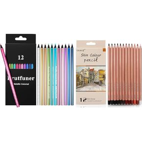 Ofone 24pcs أقلام الرصاص الملونة - 12 أقلام الرسم المعدنية و 12 أقلام الرسم لكتب التلوين البالغة ، اللوازم الفنية الأساسية للفنانين المبتدئين في رسم التظليل