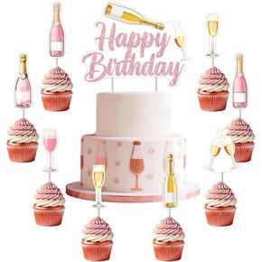 Jollyboom Rose Gold Champagne Decortations ، Rose Gold Champagne موضوع عيد ميلاد سعيد كب كيك أعلى الأقطار ذات الوجهين على الوجهين للنساء للنساء اللوازم الحزب