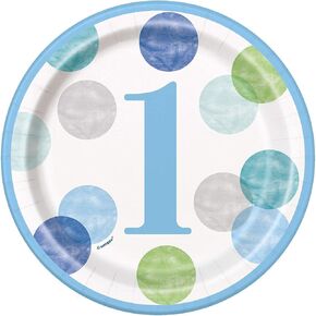 Pink Dots 1st Birthday Round Plates - 7 "(حزمة من 8) - حفلة رائعة ، مثالية لحفلة الطفل الأولى