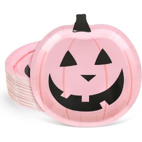 40Pcs Halloween Paper Plates Pink Pumpkin Face Disposable Plates 9 Inch Cute Cartoon Pumpkin Decorative Plates for Halloween Birthday Baby Shower Table Decor Party Supplies