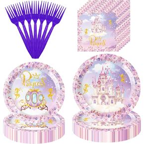 160 PCS Princess Castle Party Party Party Set - تضمين شوكات مناديل لوحات الورق ، ولوازم الحفلات القابلة للتصرف في Fairytale Decorations for Girl Kids Birthday تقدم 40 ضيفًا.
