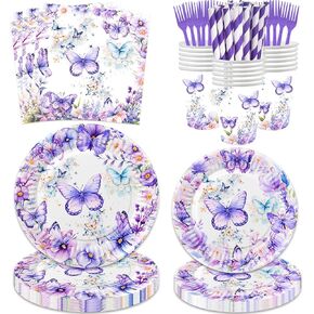 120 Pcs Butterfly Birthday Party Supplies Girl Purple Spring Butterfly Birthday Decorations Includes Paper Plates Napkins Cups Straws Forks for Butterfly Baby Shower 1st 2nd 3rd 4th Birthday Favors