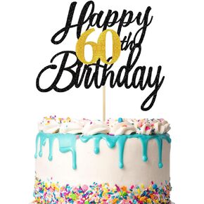 1 أجهزة كمبيوتر سعيد 60 كعكة عيد ميلاد أعلى بريق الذهب الأسود ، سعيد 60 عيد ميلاد ديكورات كعكة الحفلات للنساء والرجال